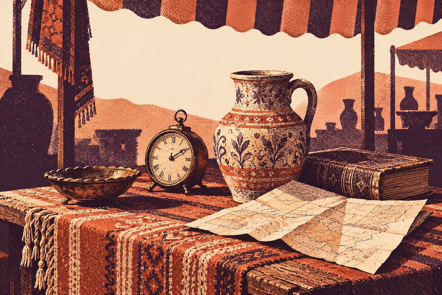 Terrakota tonlarında kavramsal bitmap pazar çizimi; tezgahta sürahi, masa saati, kitap ve katlanmış harita.